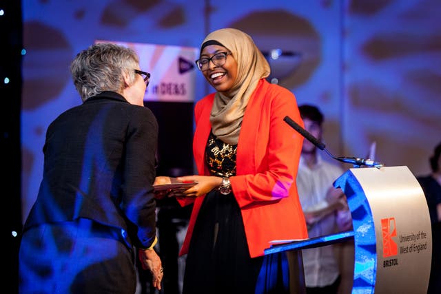 Samira Abokor receiving an accolade at this year’s Celebrating UWE Talent Awards