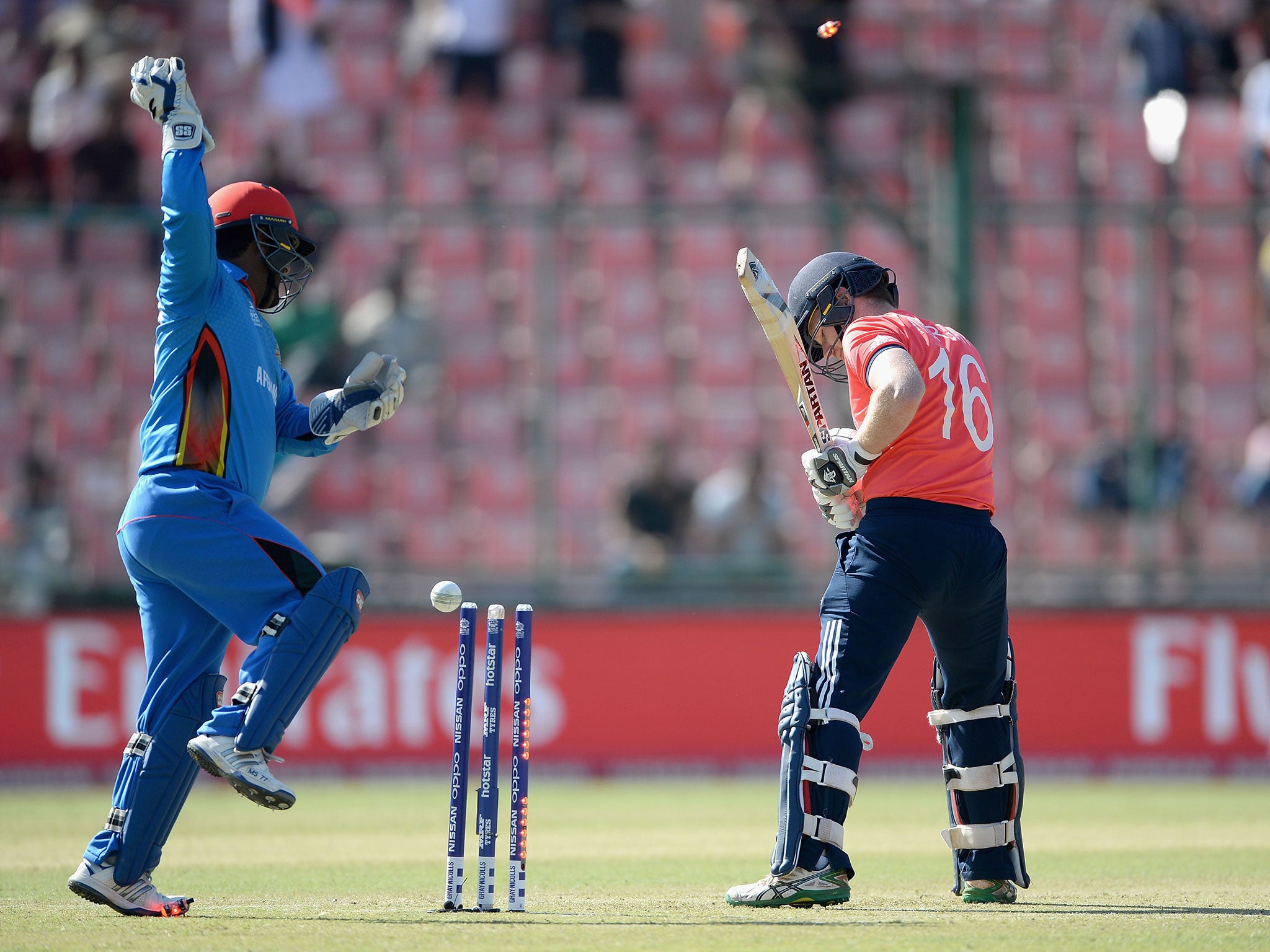 England captain Eoin Morgan is bowled by Mohammad Nabi of Afghanistan