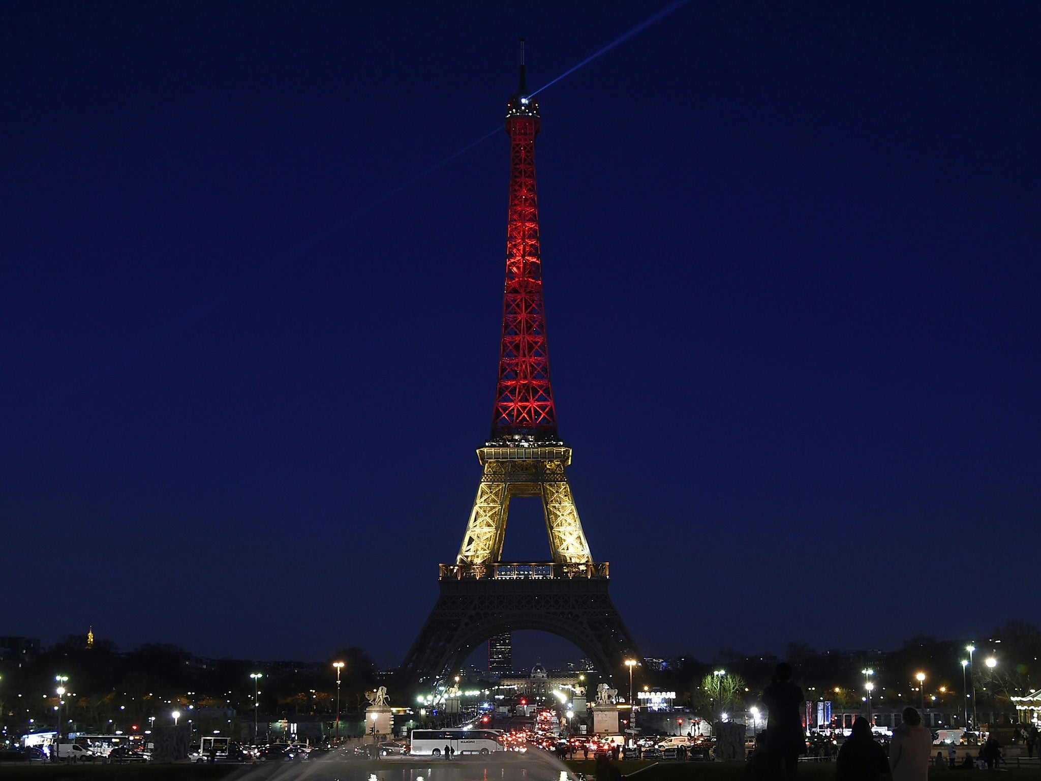 The Eiffel Tower was lit up in red, black and yellow to pay homage to the people of Brussels