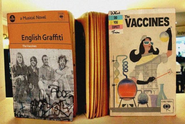 Hislop’s digitally created book covers include The Vaccines' English Graffiti as a dog-eared Penguin paperback