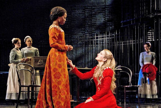 Marsha Stephanie Blake (left) and Lily Rabe in ‘The Merchant of Venice’ at the Broadhurst Theatre in New York