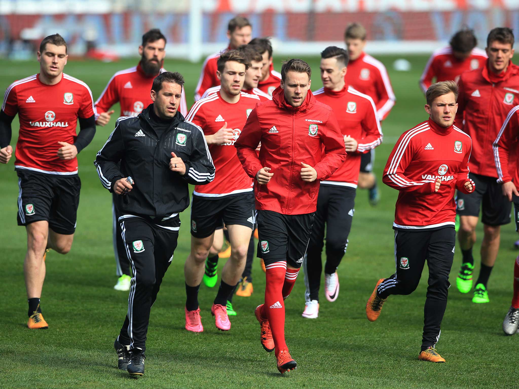 Wales are put through their paces during a training session