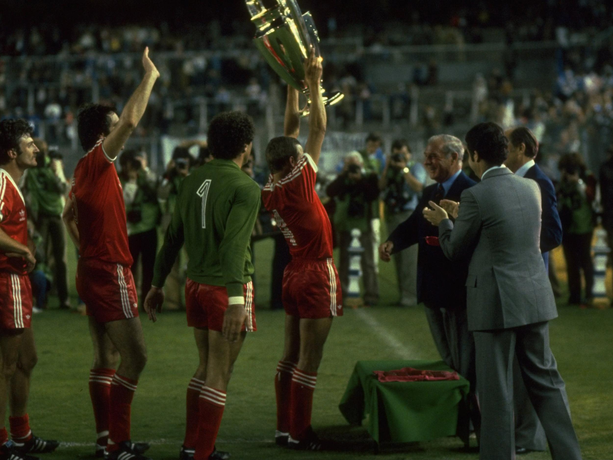 Nottingham Forest players celebrate the European Cup success against Hamburg at the Bernabeu Stadium in Madrid