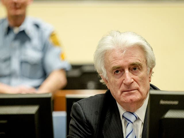 Bosnian Serb wartime leader Radovan Karadzic in the courtroom for the reading of his verdict at the International Criminal Tribunal for Former Yugoslavia