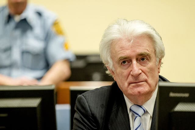 Bosnian Serb wartime leader Radovan Karadzic in the courtroom for the reading of his verdict at the International Criminal Tribunal for Former Yugoslavia