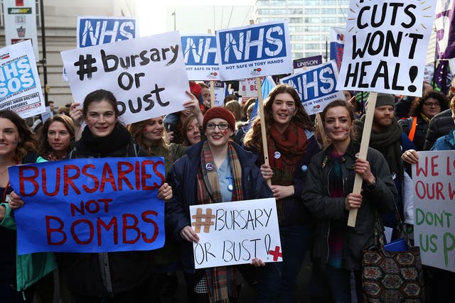Student nurses and health workers take part in a demonstration against government plans to scrap the NHS bursary, in January