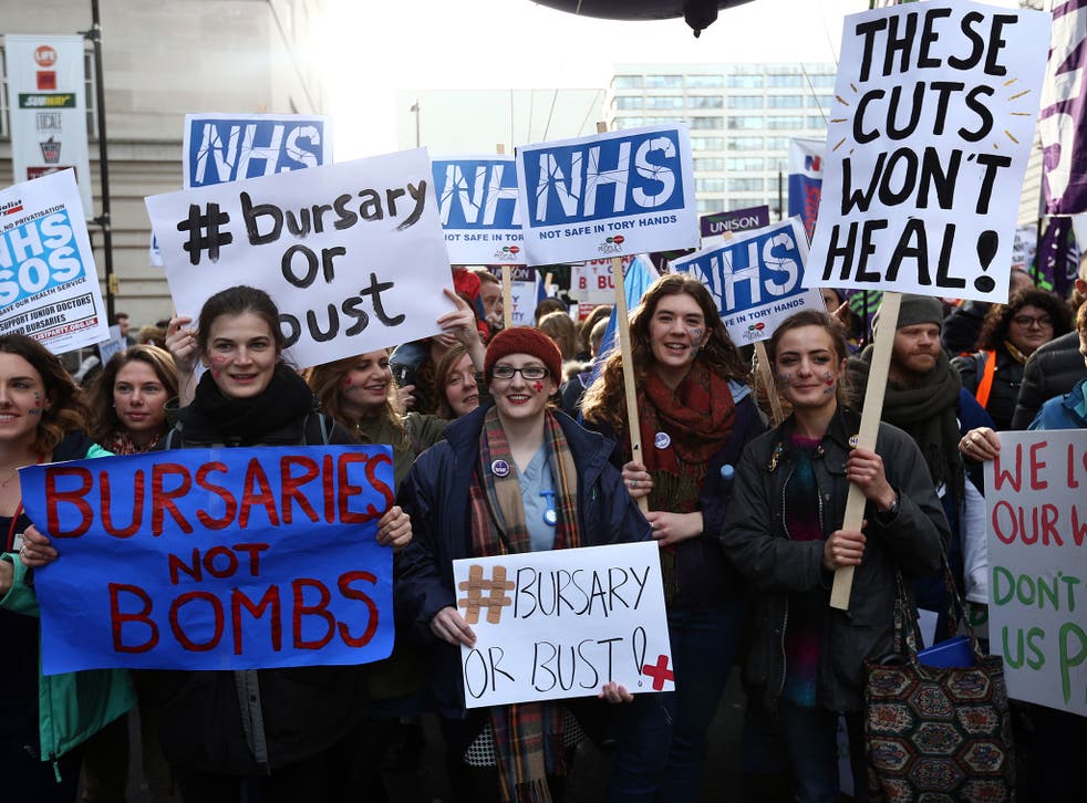 Student nurses and health workers take part in a demonstration against government plans to scrap the NHS bursary, in January