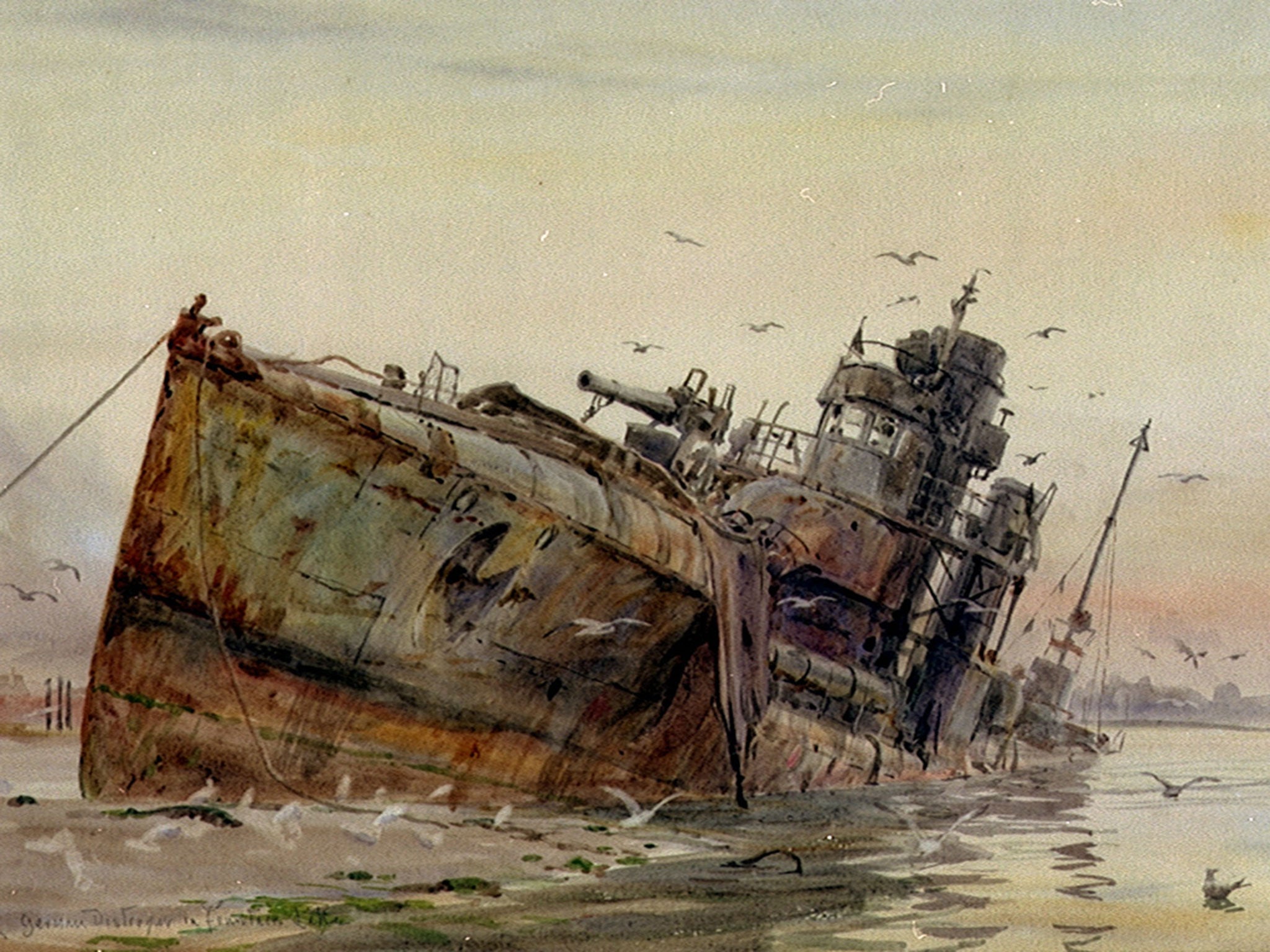 An early 1920s painting by the local Portsmouth artist William Wyllie of the former German V82 Destroyer after it had been run aground by the Royal Navy on mudflats in Portsmouth harbour.