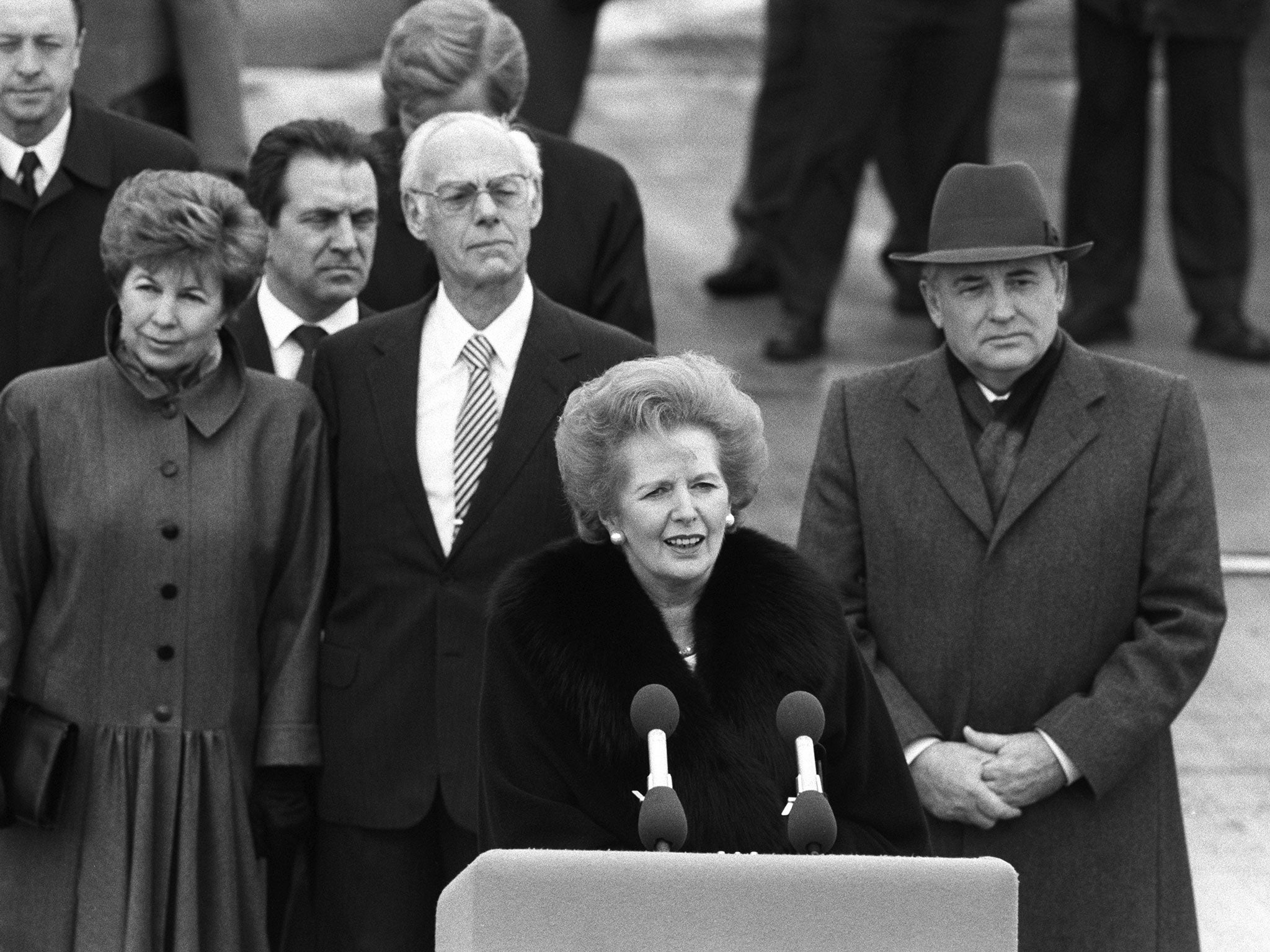 Prime Minister Margaret Thatcher with Soviet President Mikhail Gorbachev during a state visit in 1989