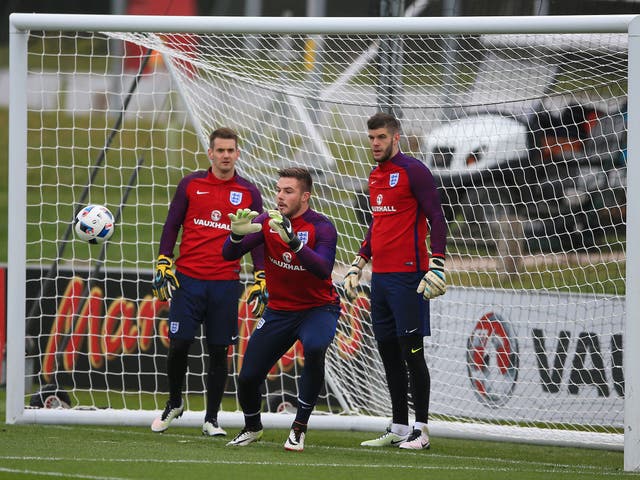 Tom Heaton, Jack Butland and Fraser Forster (l-r) at St George’s Park