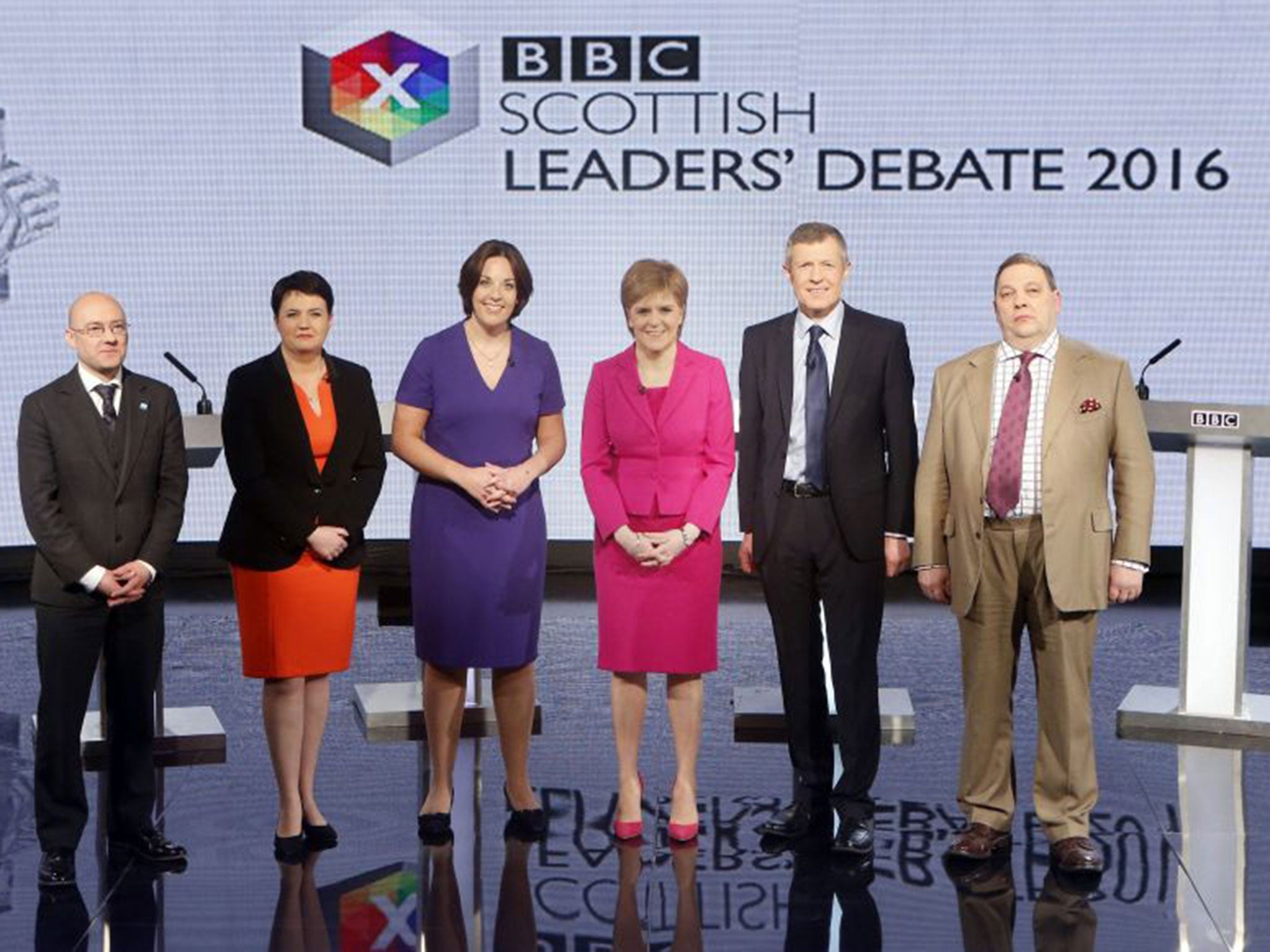 Left to right: Leader of Scottish Green Party, Patrick Harvie; Leader of Scottish Conservative Party, Ruth Davidson; Leader of Scottish Labour Party, Kezia Dugdale; Leader of the Scottish National Party, Nicola Sturgeon; Leader of the Scottish Liberal Democrats, Willie Rennie; UKIP MEP, David Coburn; ahead of the first televised Leaders Debate of the Scottish Parliament election campaign