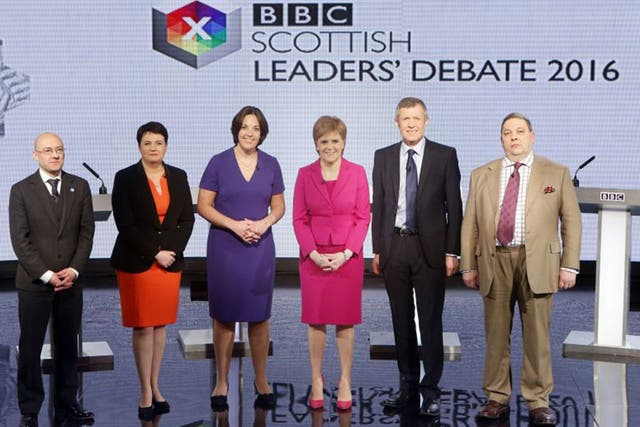 Left to right: Leader of Scottish Green Party, Patrick Harvie; Leader of Scottish Conservative Party, Ruth Davidson; Leader of Scottish Labour Party, Kezia Dugdale; Leader of the Scottish National Party, Nicola Sturgeon; Leader of the Scottish Liberal Democrats, Willie Rennie; UKIP MEP, David Coburn; ahead of the first televised Leaders Debate of the Scottish Parliament election campaign