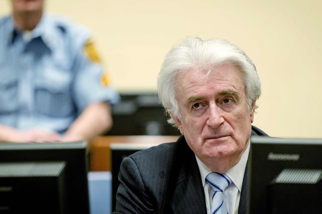 Bosnian Serb wartime leader Radovan Karadzic sits in the courtroom for the reading of his verdict at the International Criminal Tribunal for Former Yugoslavia