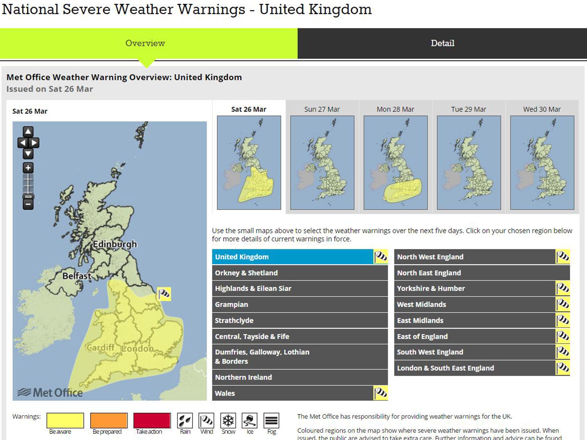 Details of weather warnings for Saturday 26 March 2016