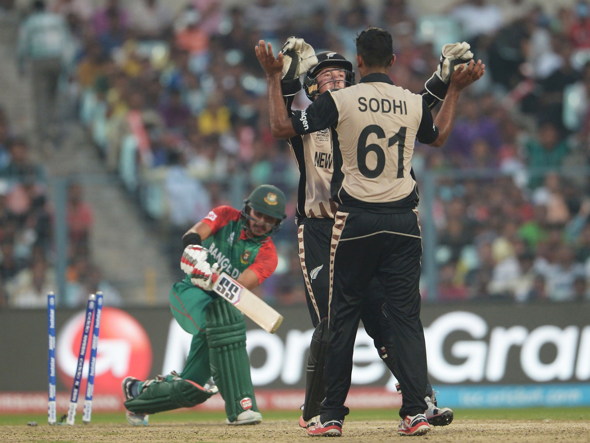 New Zealand's Ish Sodhi celebrates a wicket during the win over Bangladesh