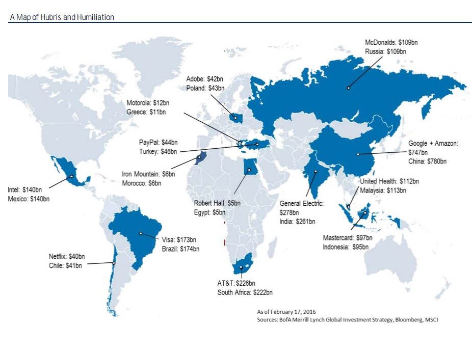 The map compares big company valuations with the stock markets of some entire countries