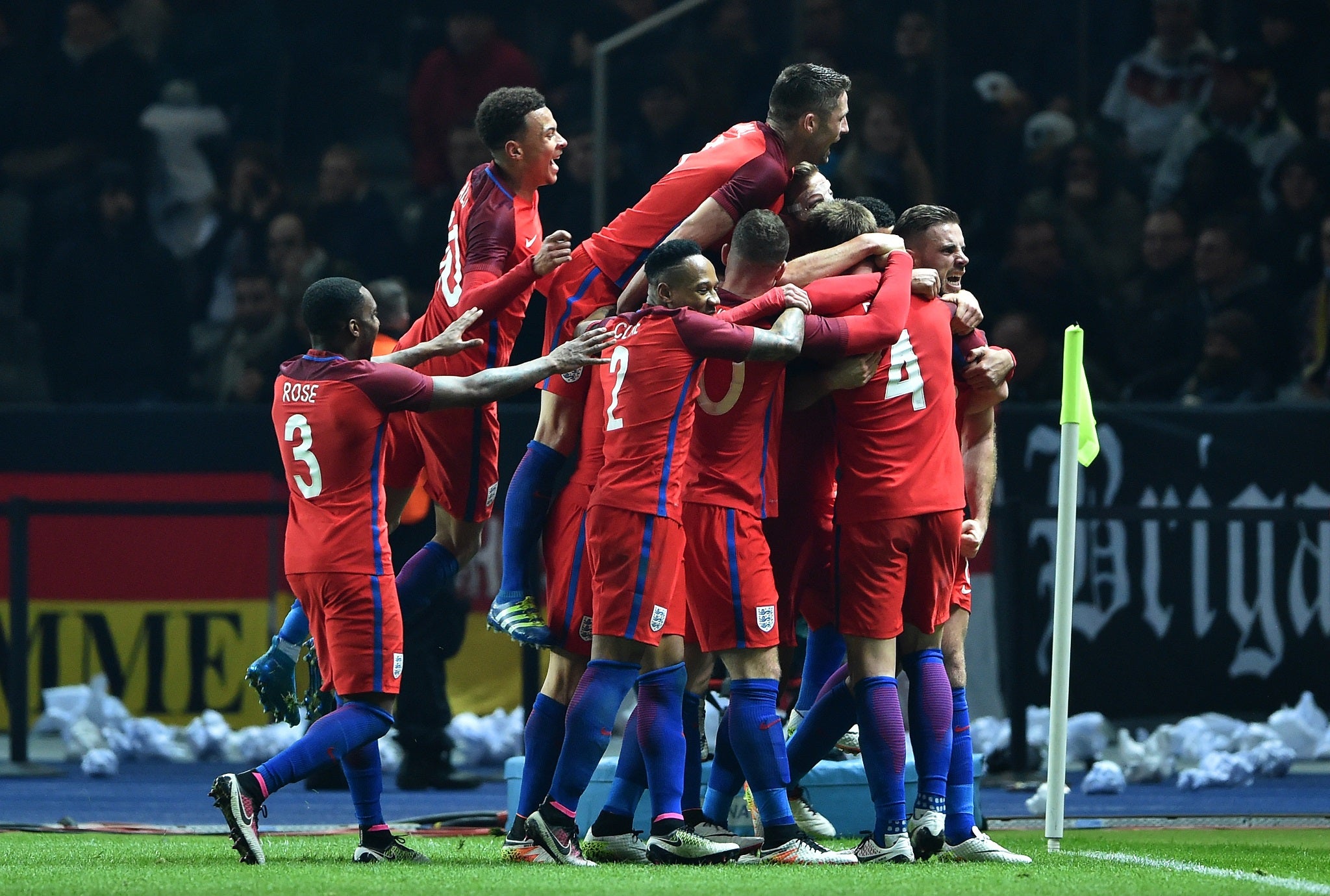 England players celebrate after Eric Dier's injury-time winner against Germany