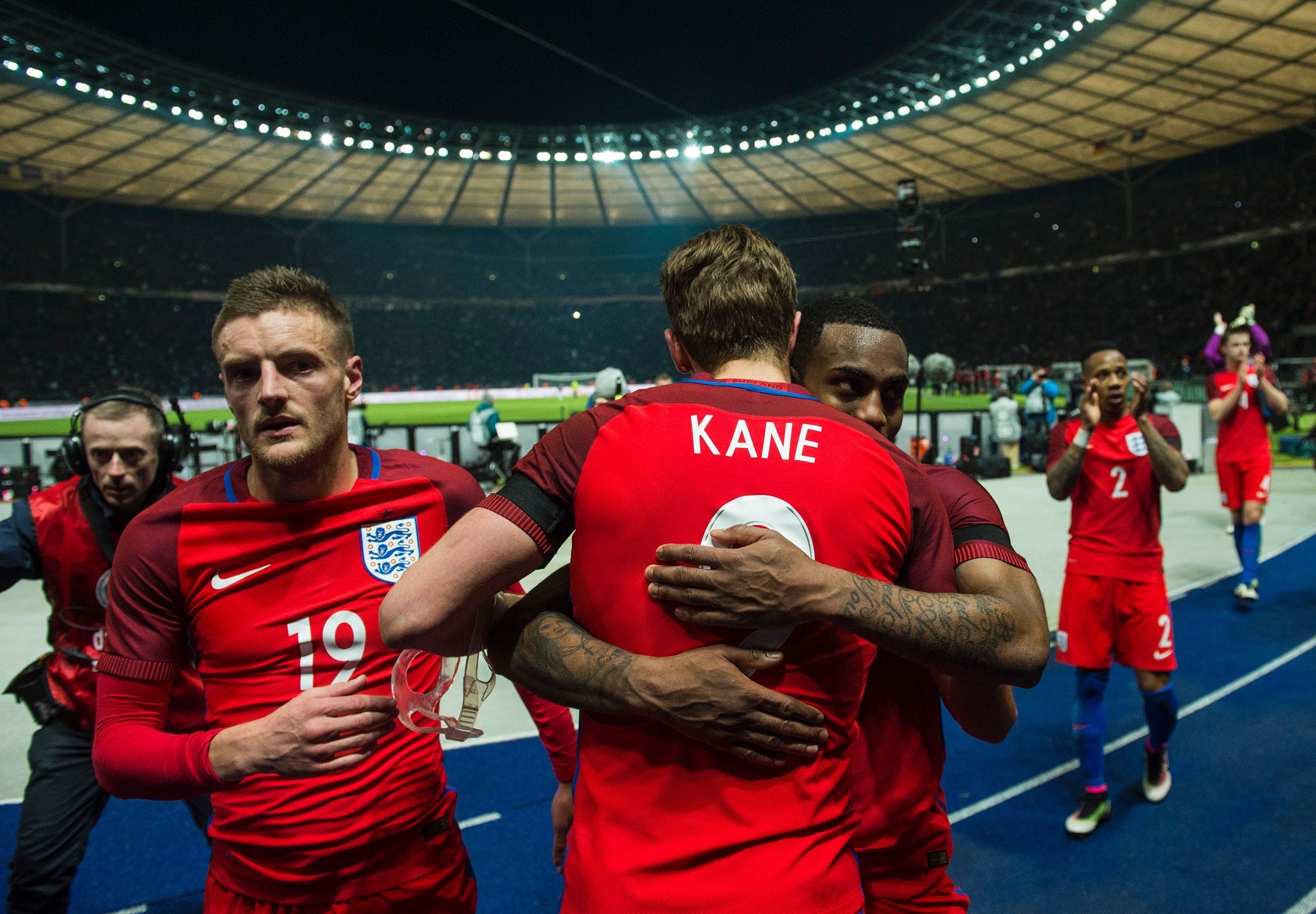 Jamie Vardy, Harry Kane and Danny Rose celebrate after England's 3-2 win over Germany