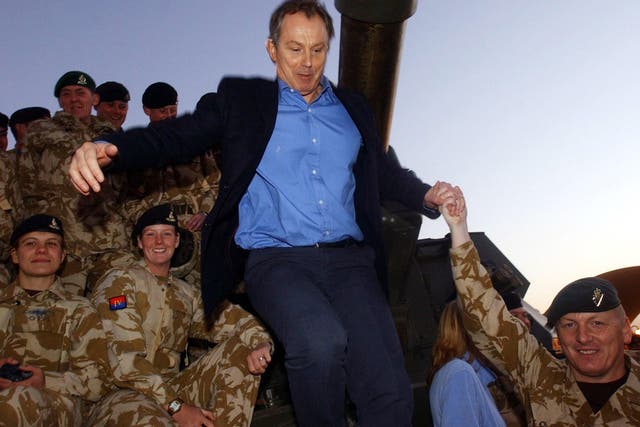 Tony Blair with British soldiers in Basra during the Iraq War