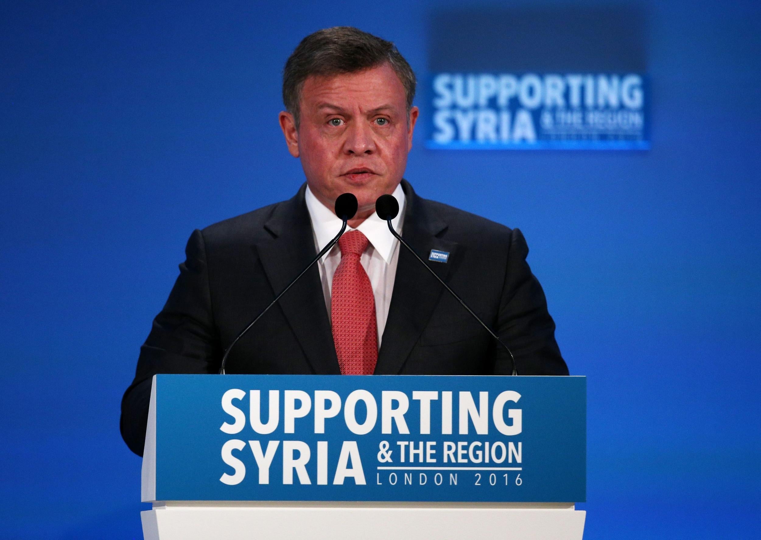 King Abdullah of Jordan speaks at a London conference about the Syrian Civil War