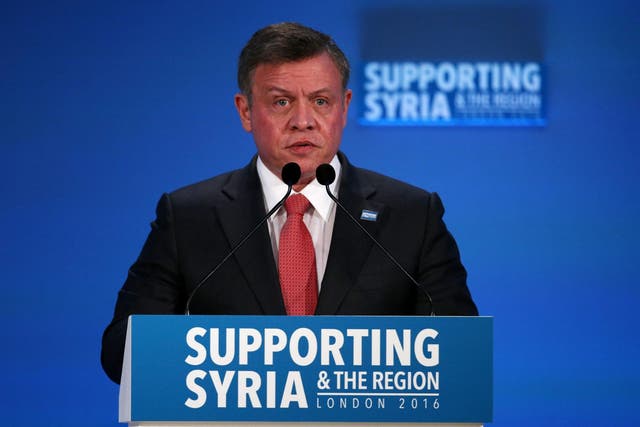 King Abdullah of Jordan speaks at a London conference about the Syrian Civil War