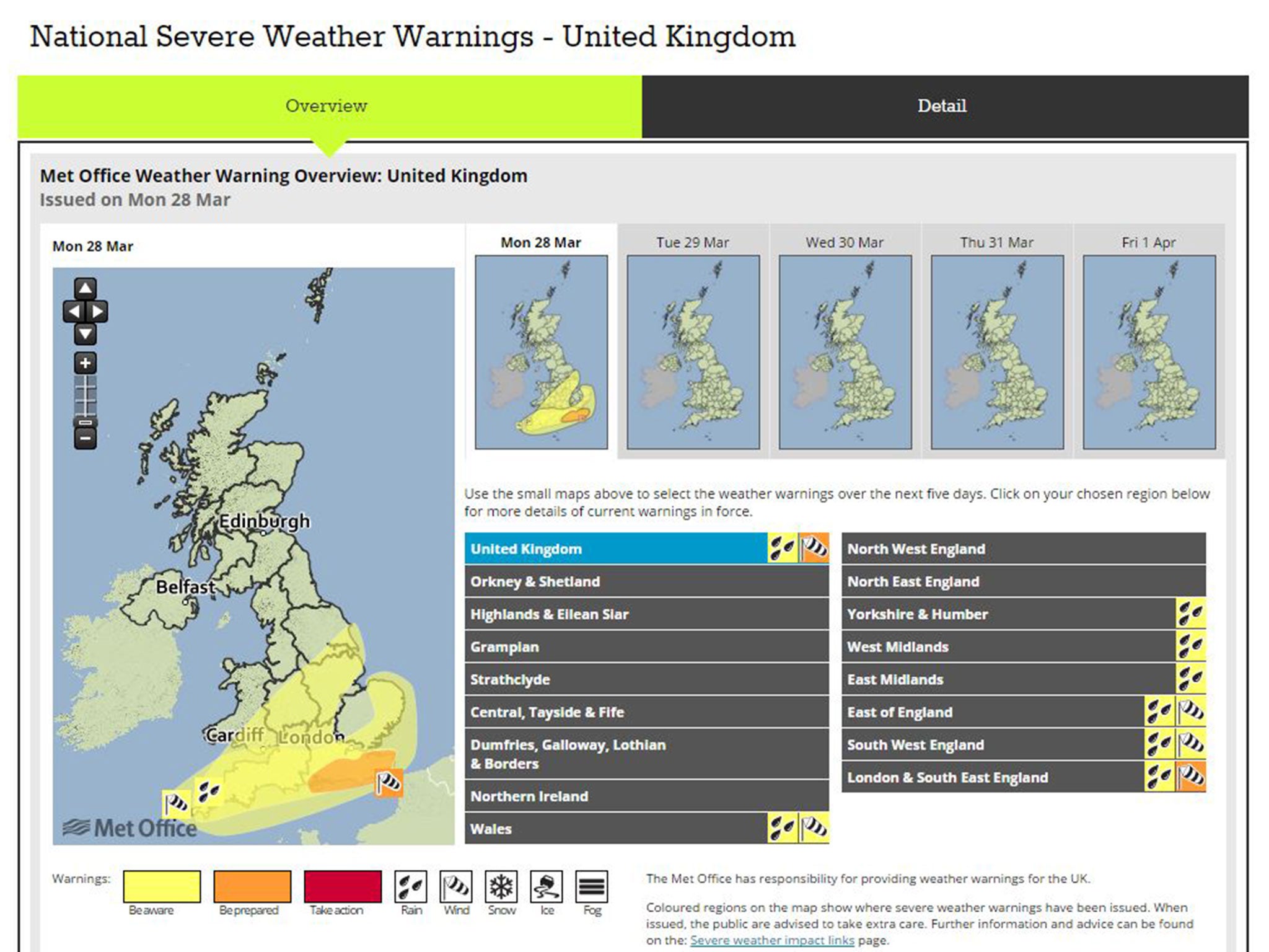 Details of weather warnings for Monday 28 March, 2016