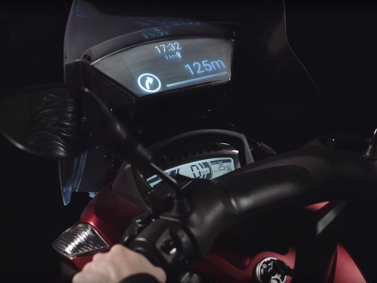 The scooter's head-up display gives directions and message alerts