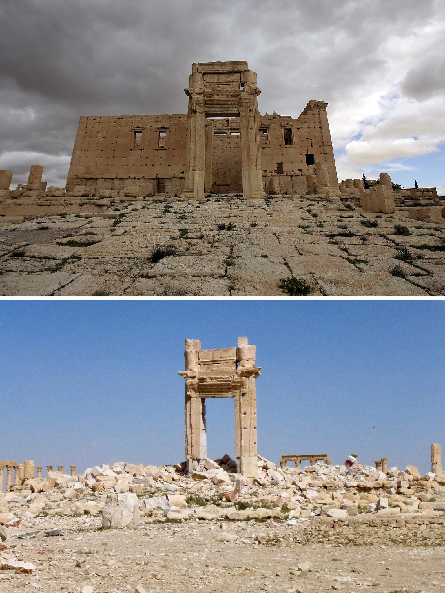 The iconic Temple of Bel prior to being blown up by Islamic State (IS) group jihadists in September 2015 and the remains of the temple after Syrian troops recaptured the ancient site