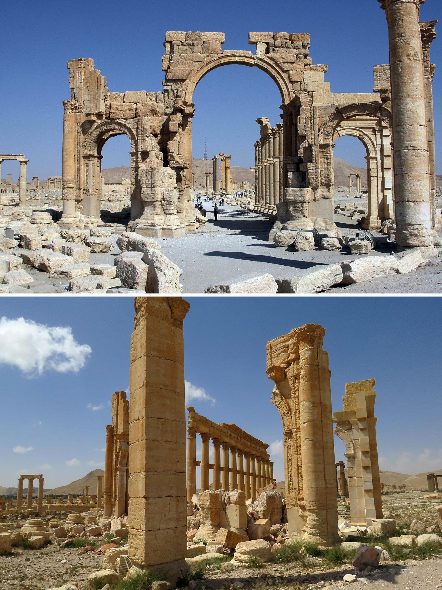 The Arc de Troimphe (Triumph's Arc) prior to being destroyed by Islamic State (IS) group jihadists in October 2015 and the remains of the iconic structure after government troops recaptured the ancient city