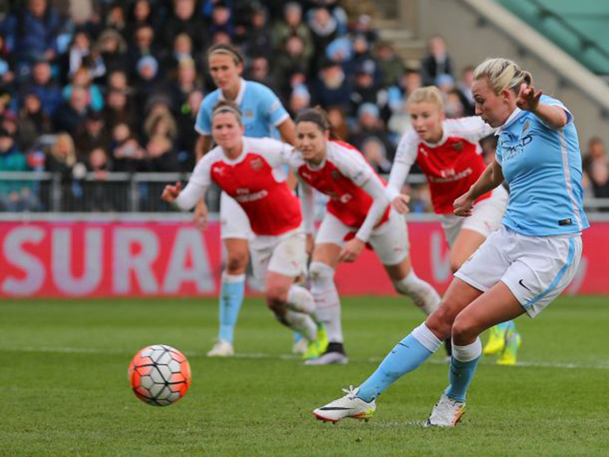 Toni Duggan scores City’s second from the penalty spot