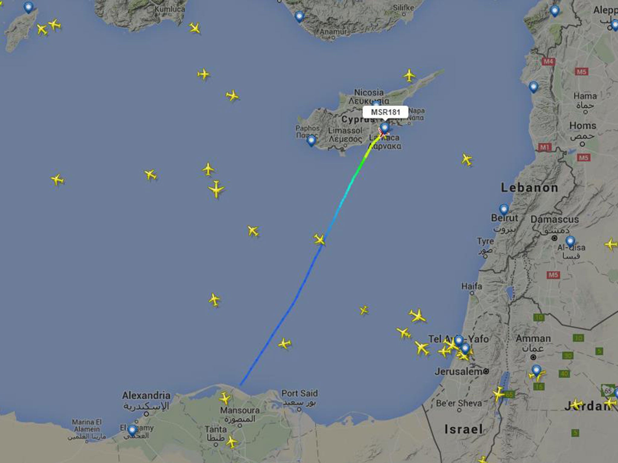 The recorded flight path of EgyptAir flight 181 showed it landing in Cyprus