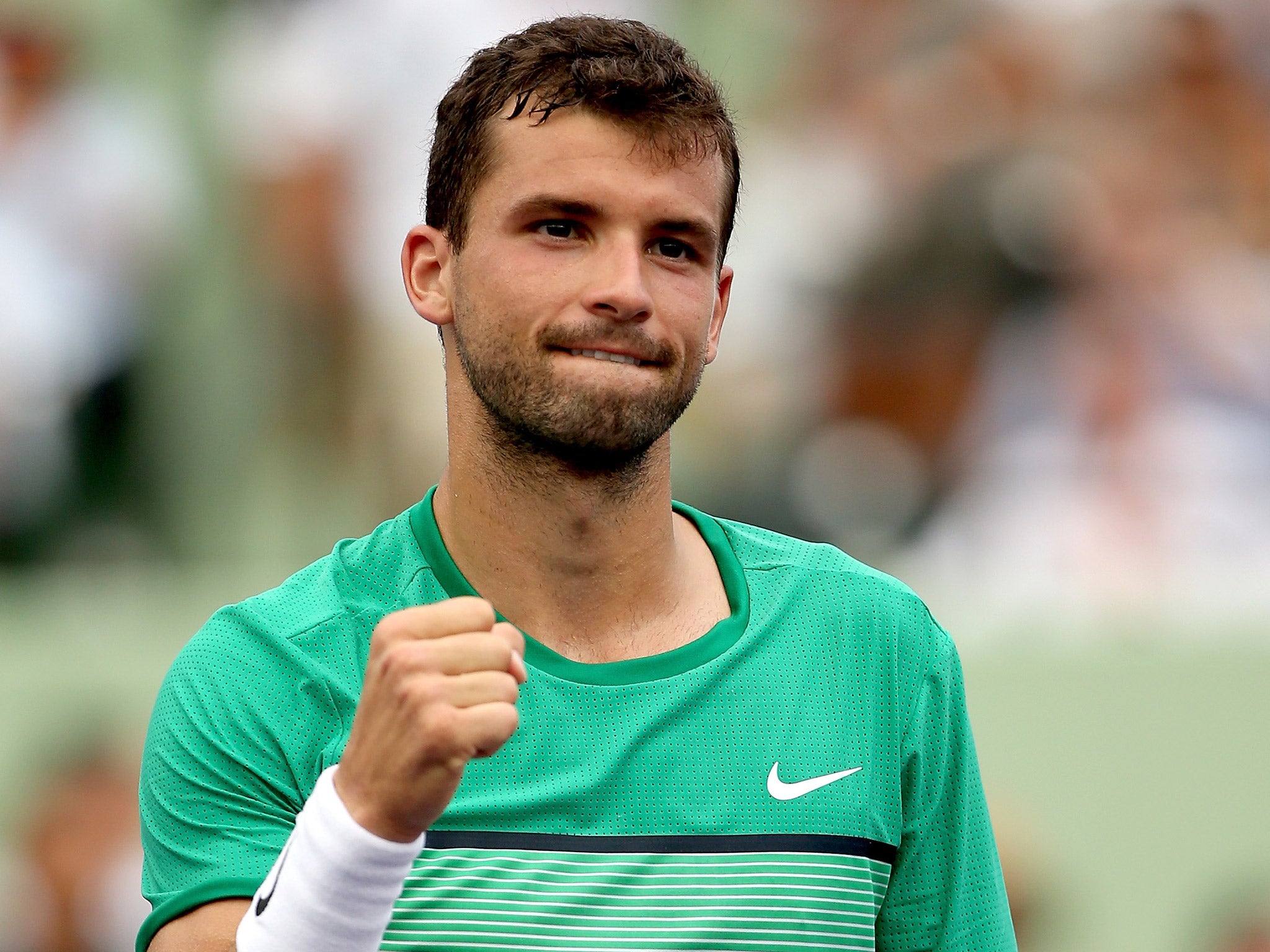 Grigor Dimitrov celebrates his victory over Andy Murray at the Miami Open