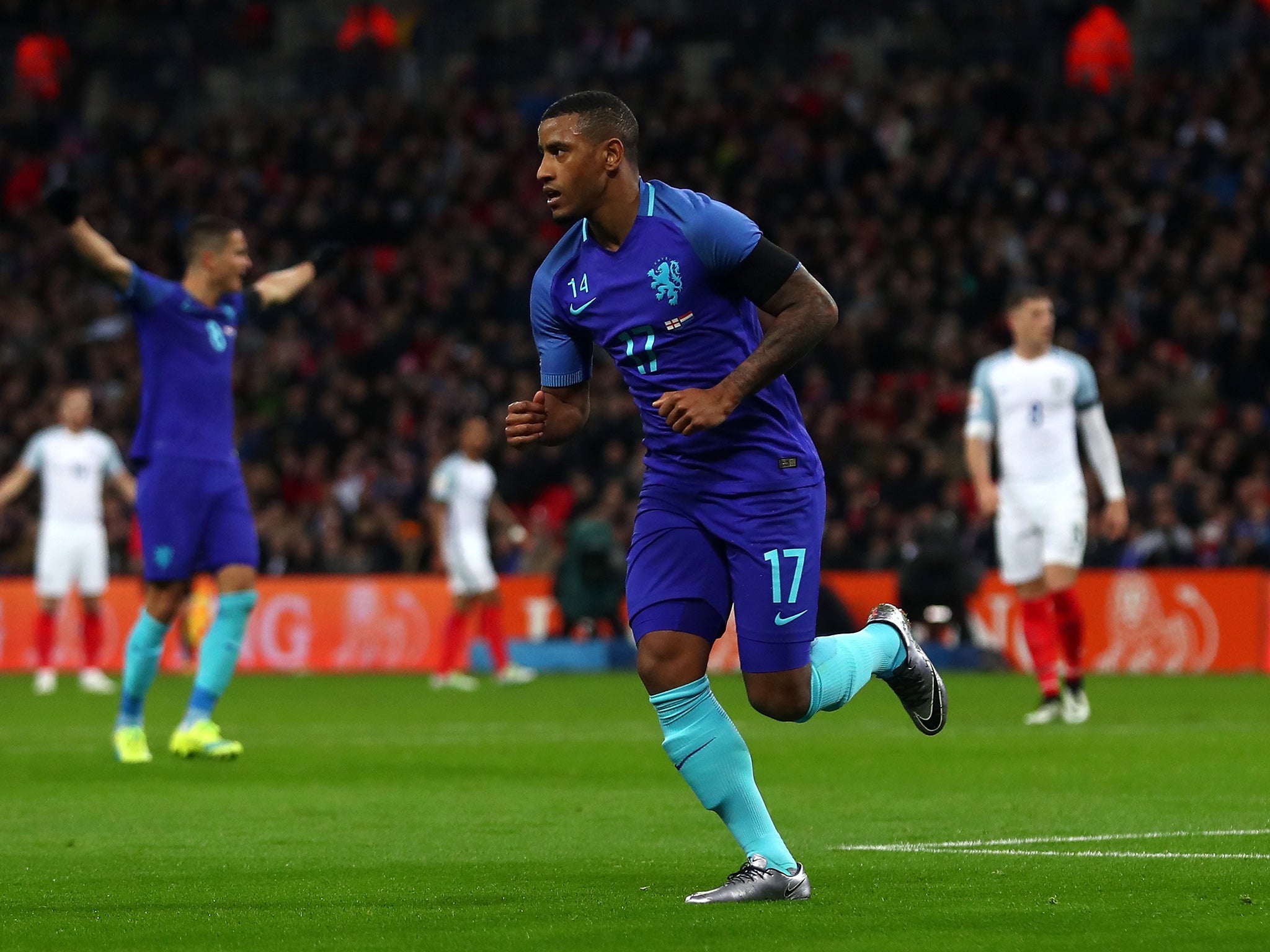 Narsingh celebrates the winning goal for the Netherlands