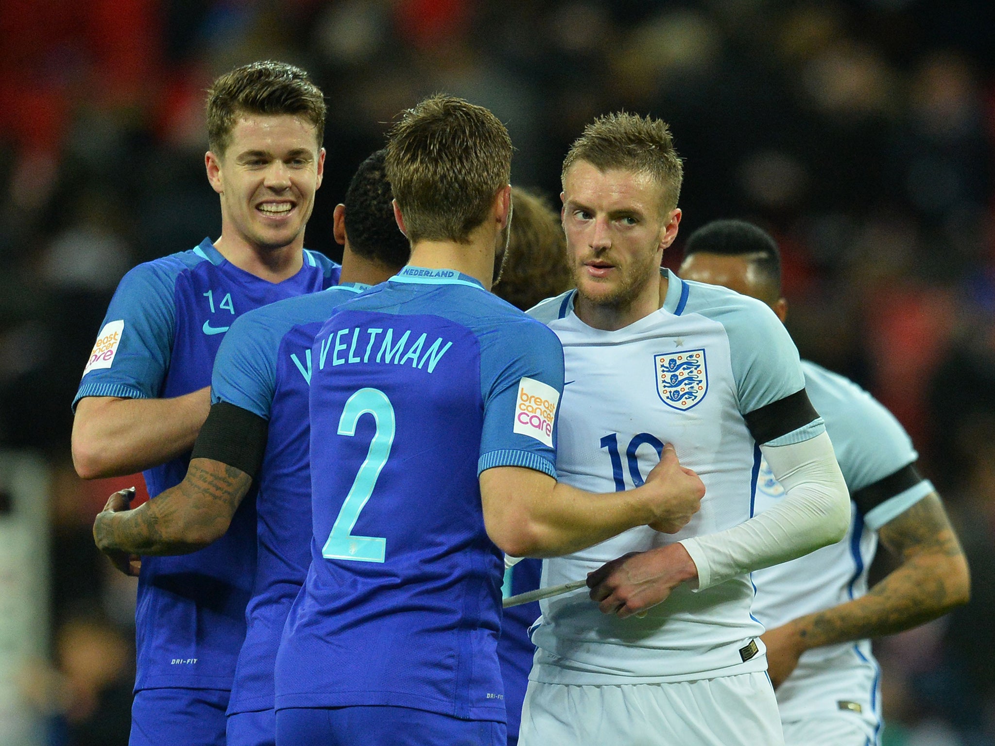 Jamie Vardy (right) was on target for England