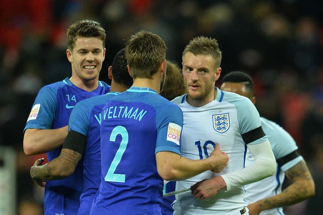 Jamie Vardy (right) was on target for England