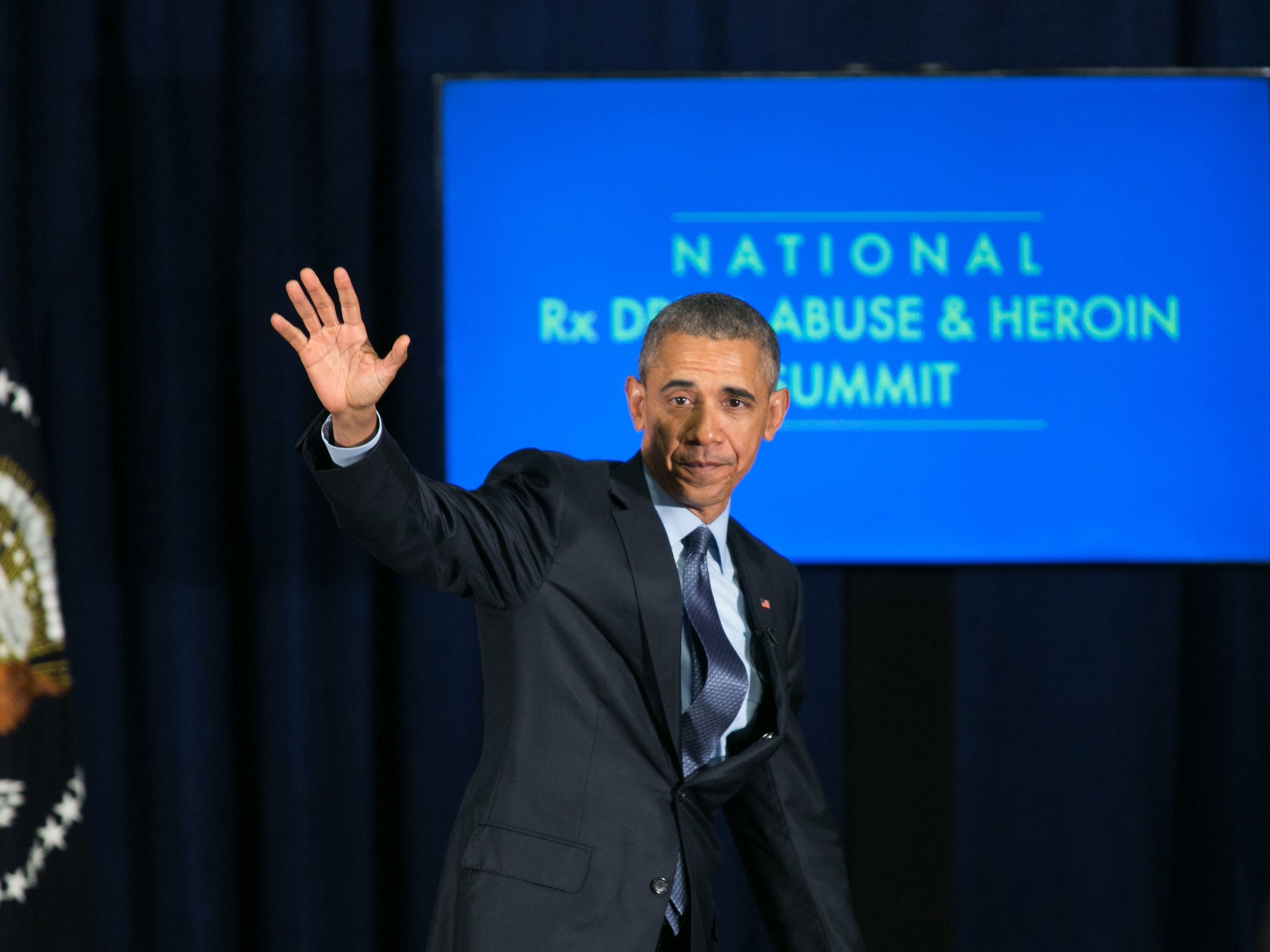 President Barack Obama waves after speaking at the National Rx Drug Abuse and Heroin Summit on March 29, 2016 in Atlanta, Georgia