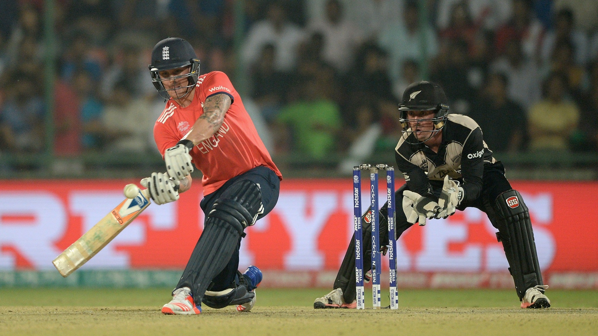 Jason Roy hits a six during England's World T20 semi-final against New Zealand