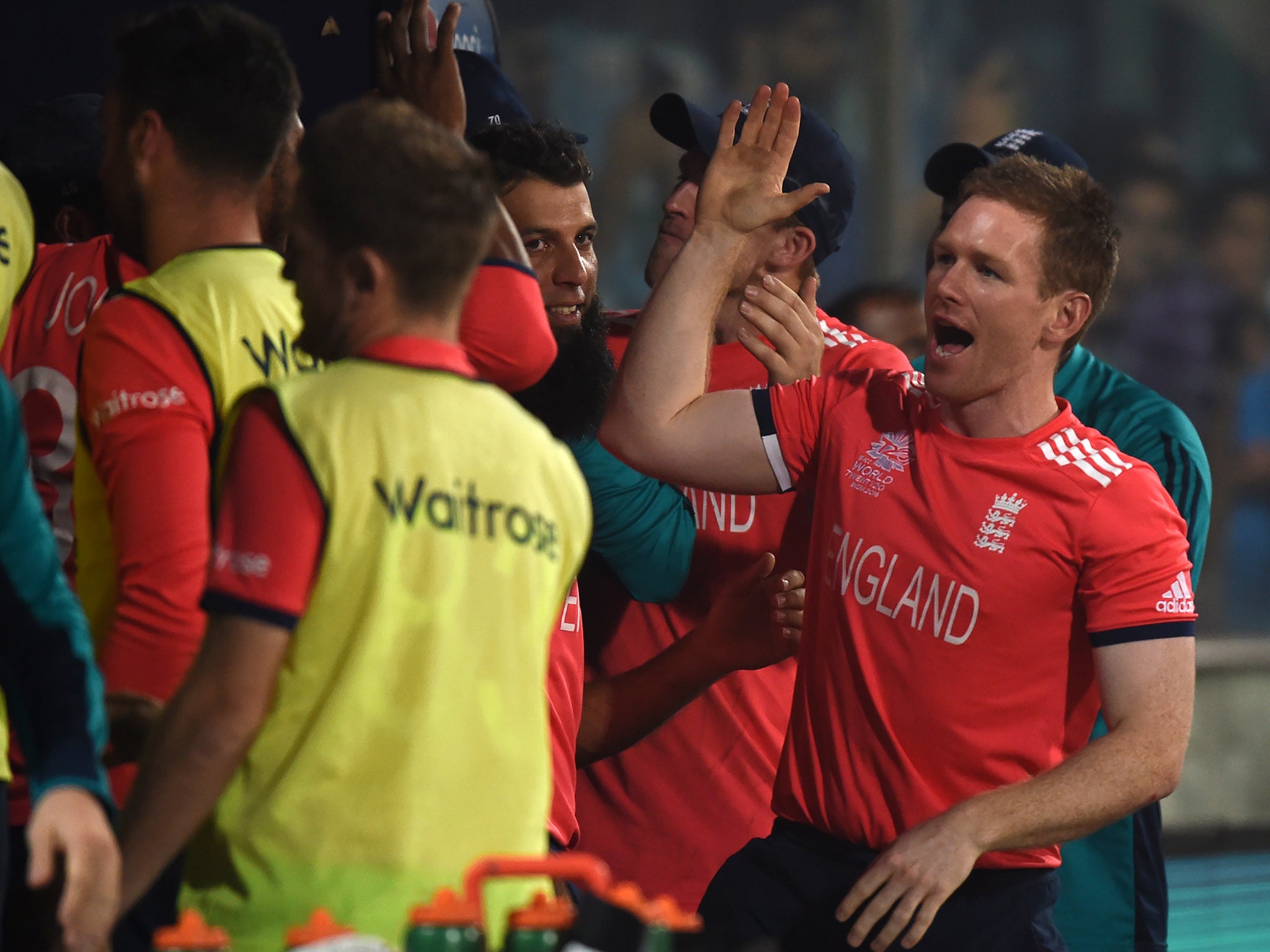 Captain Eoin Morgan celebrates after England recorded their win