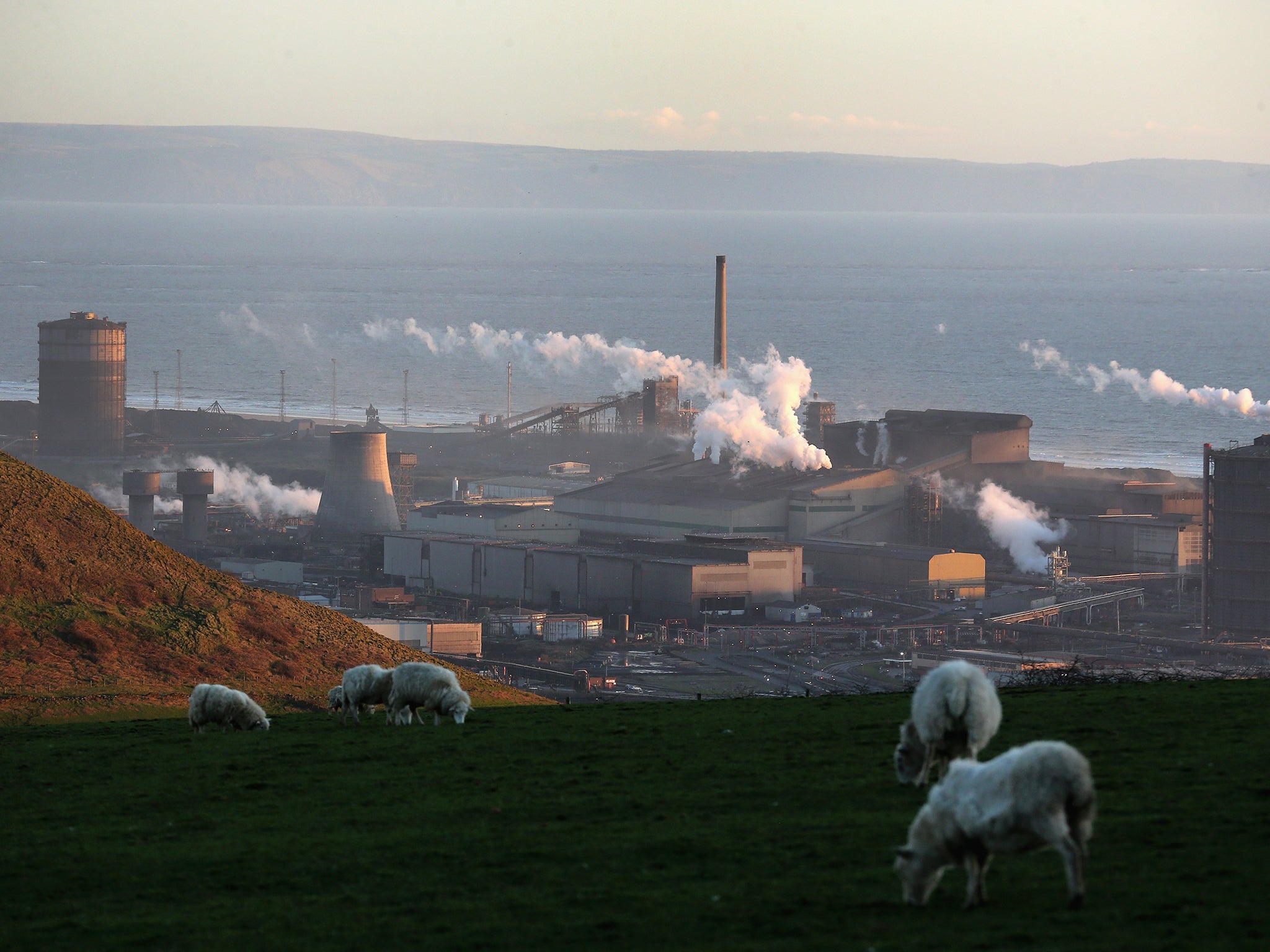 Tata Steel plant seen from the hills overlooking Port Talbot