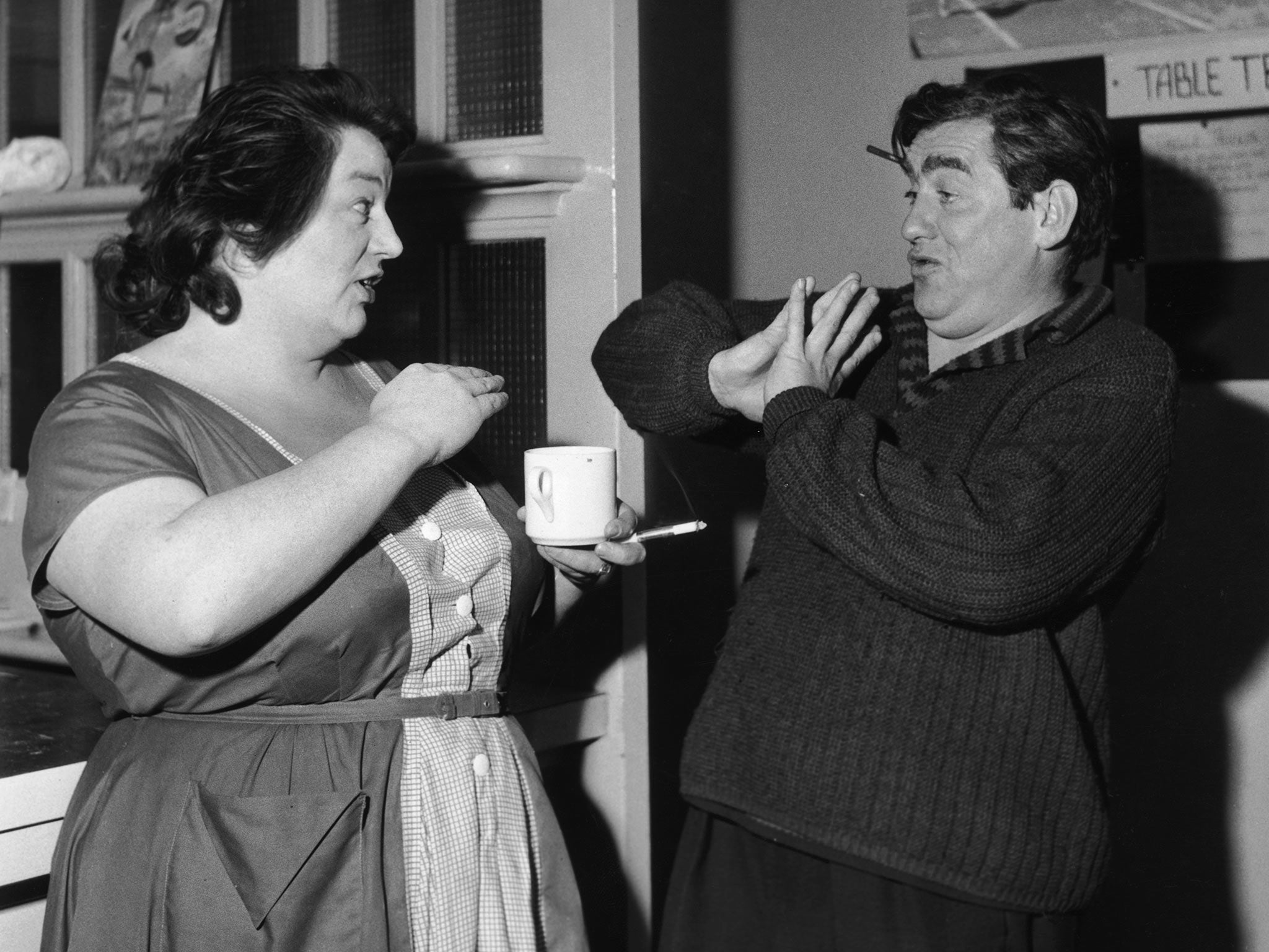 Tony Hancock jokes with Hattie Jacques during rehearsals for ‘Hancock’s Half Hour’ in 1959