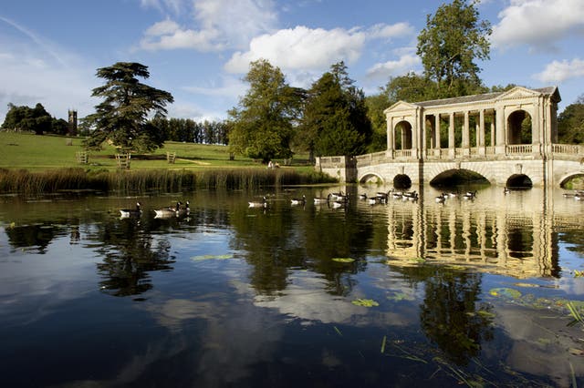 Palladian Bridge in the Capability Brown-designed grounds at Stowe, Buckinghamshire