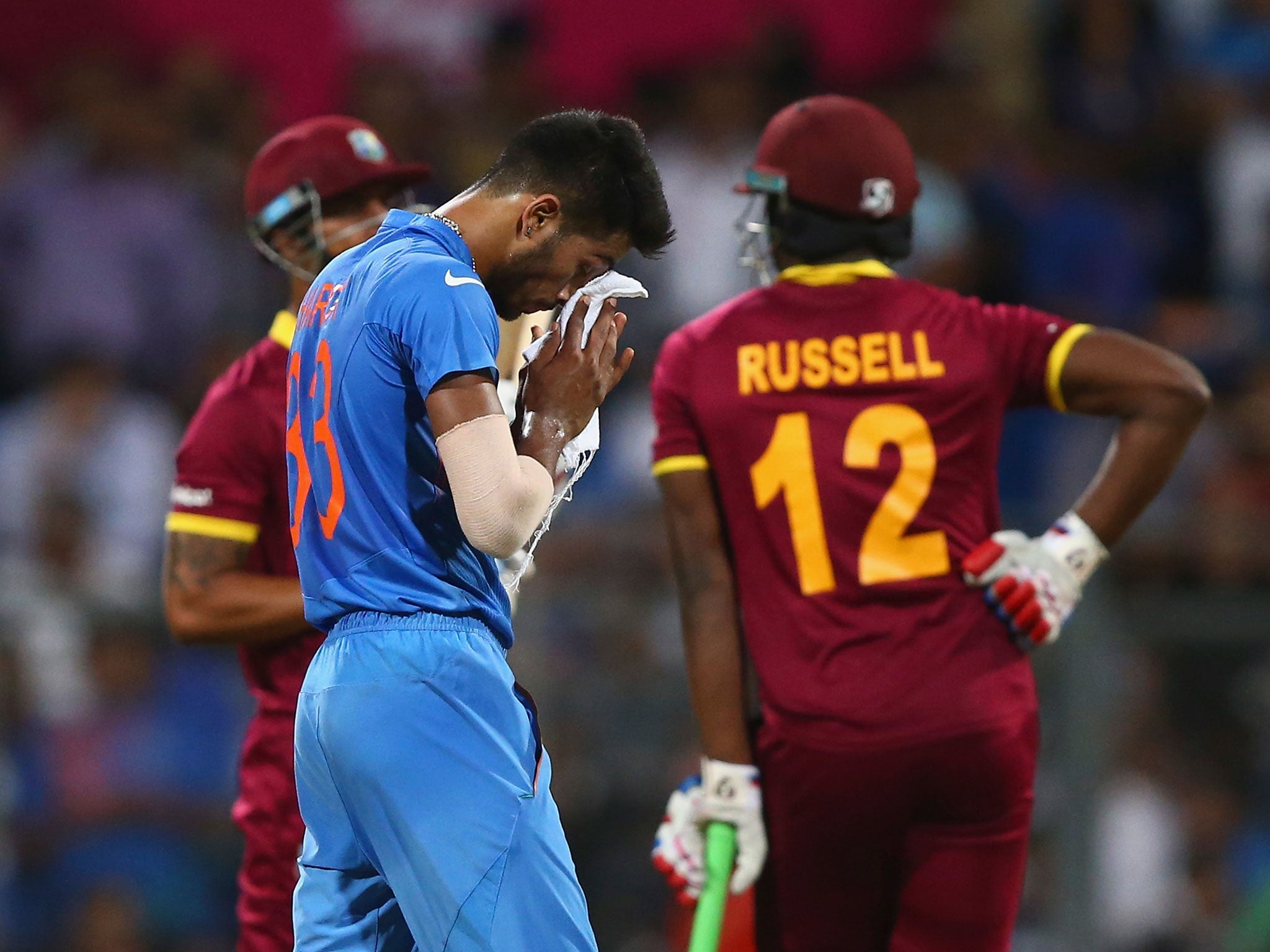 Hardik Pandya reacts during India's semi-final defeat to West Indies