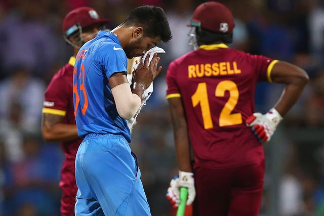 Hardik Pandya reacts during India's semi-final defeat to West Indies