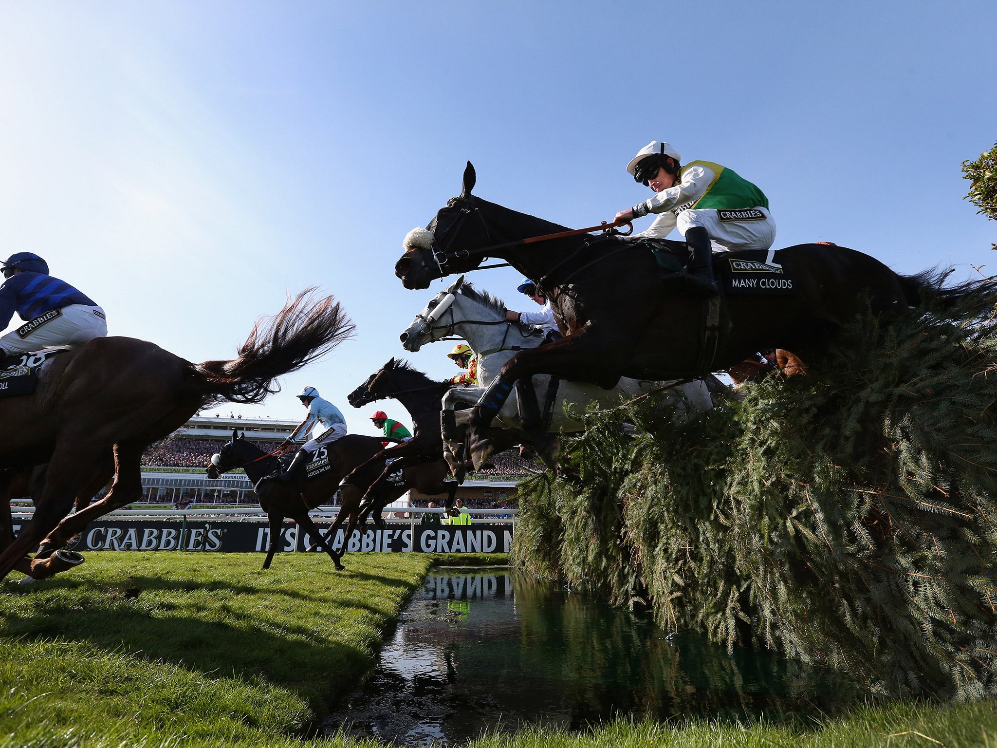 Leighton Aspell leaps over the water jump on Many Clouds at last year's Grand National