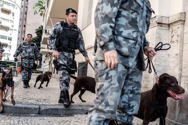 Brazilian security officers handle their sniffer dogs during training