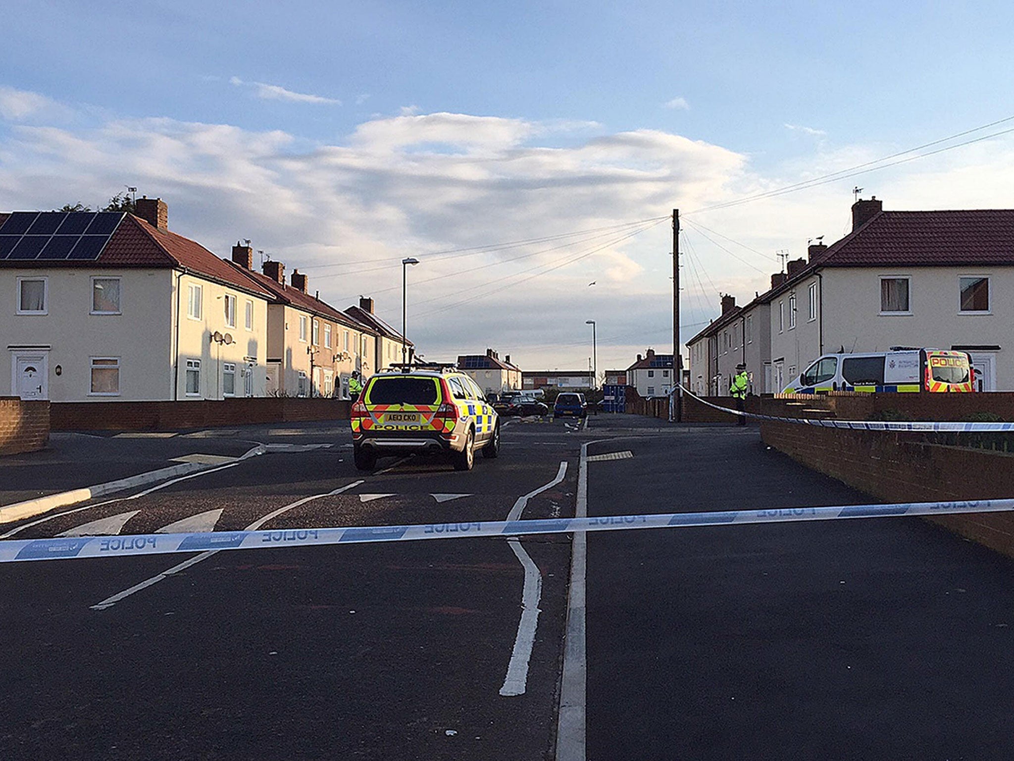 Police at the scene in Frenchmans Way, South Shields, South Tyneside, where police shot a man.
