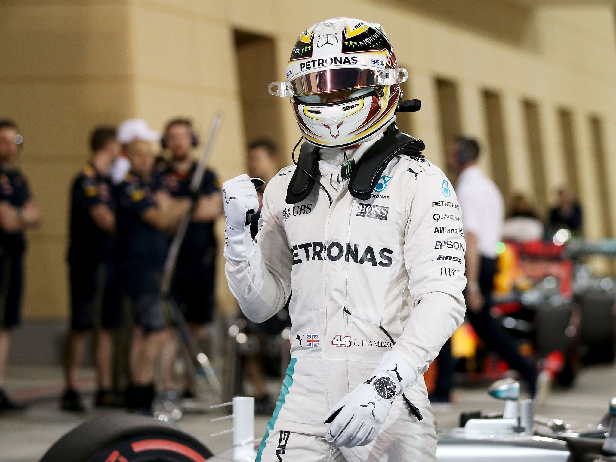 Lewis Hamilton celebrates after securing pole position for the Bahrain Grand Prix