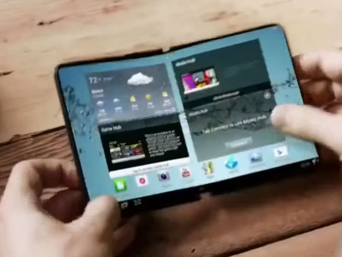 A potential design for the foldable smartphone was demonstrated in a 2014 Samsung concept video