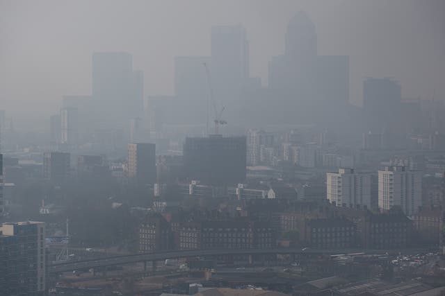 Air pollution hangs in the air lowering visibility in London, on April 2
