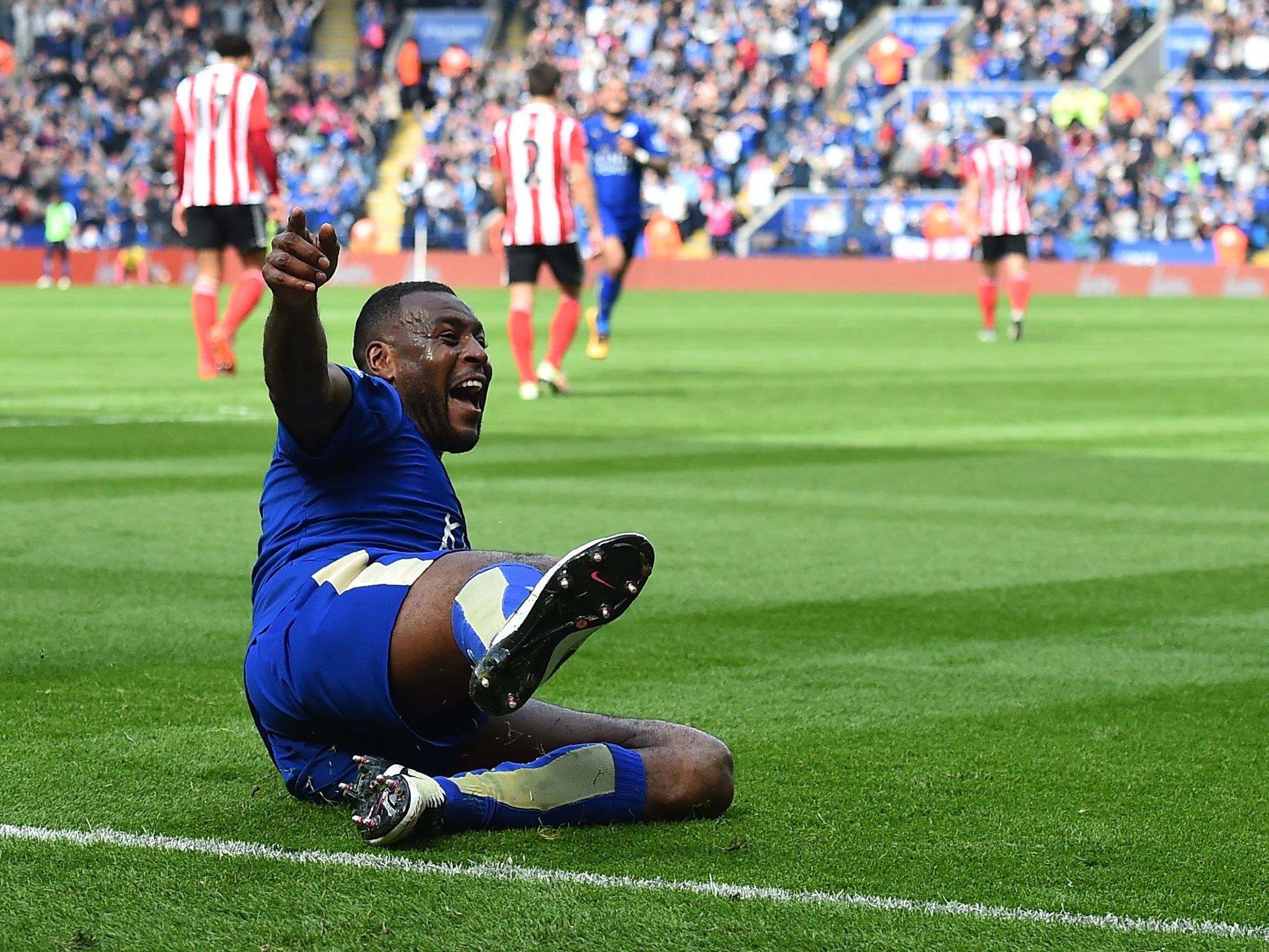 Wes Morgan celebrates his winning goal against Southampton